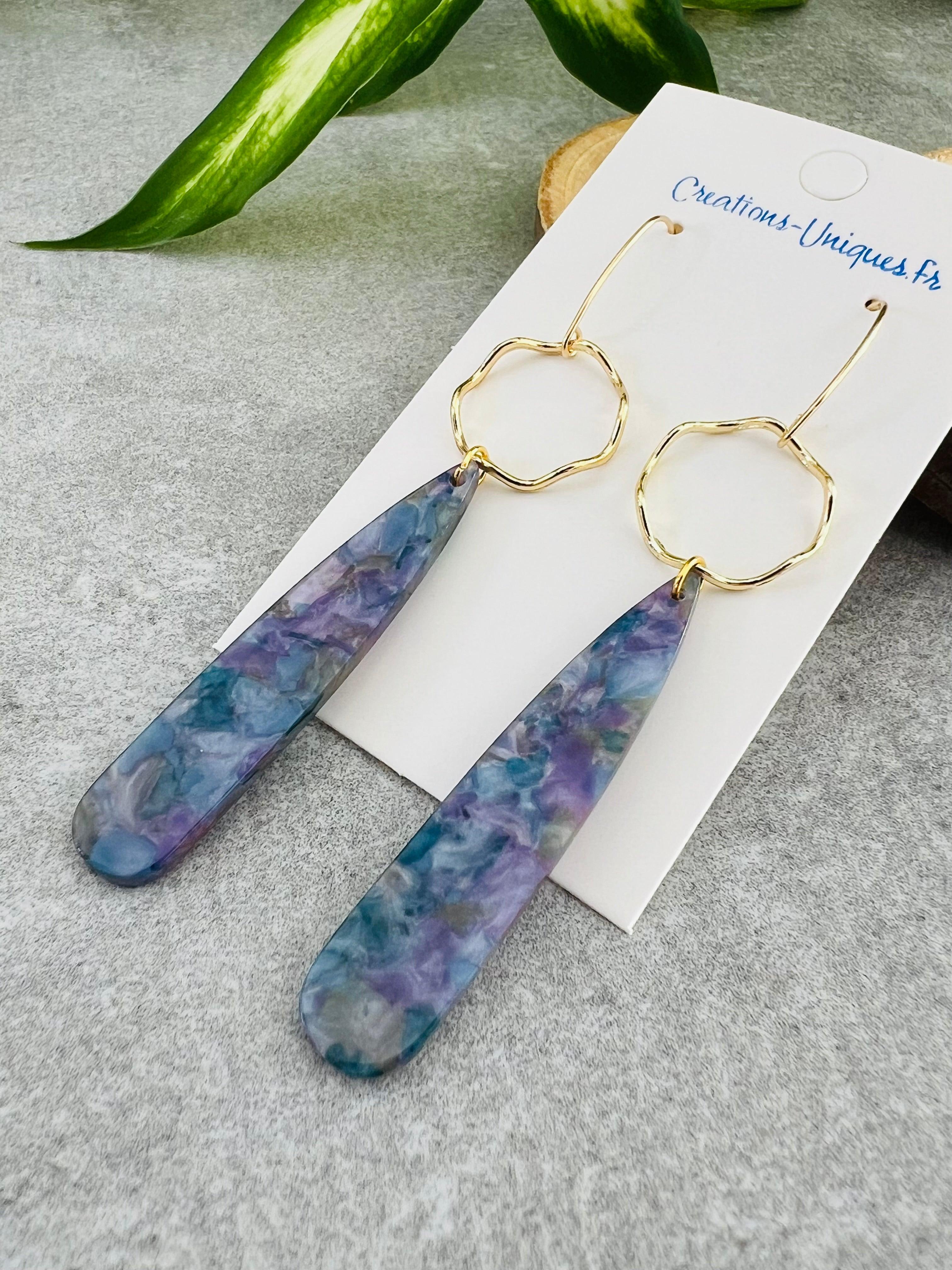 Boucles d’oreilles NATALEE longues gouttes résine bleu reflets violet - Créations Uniques - Créations Uniques