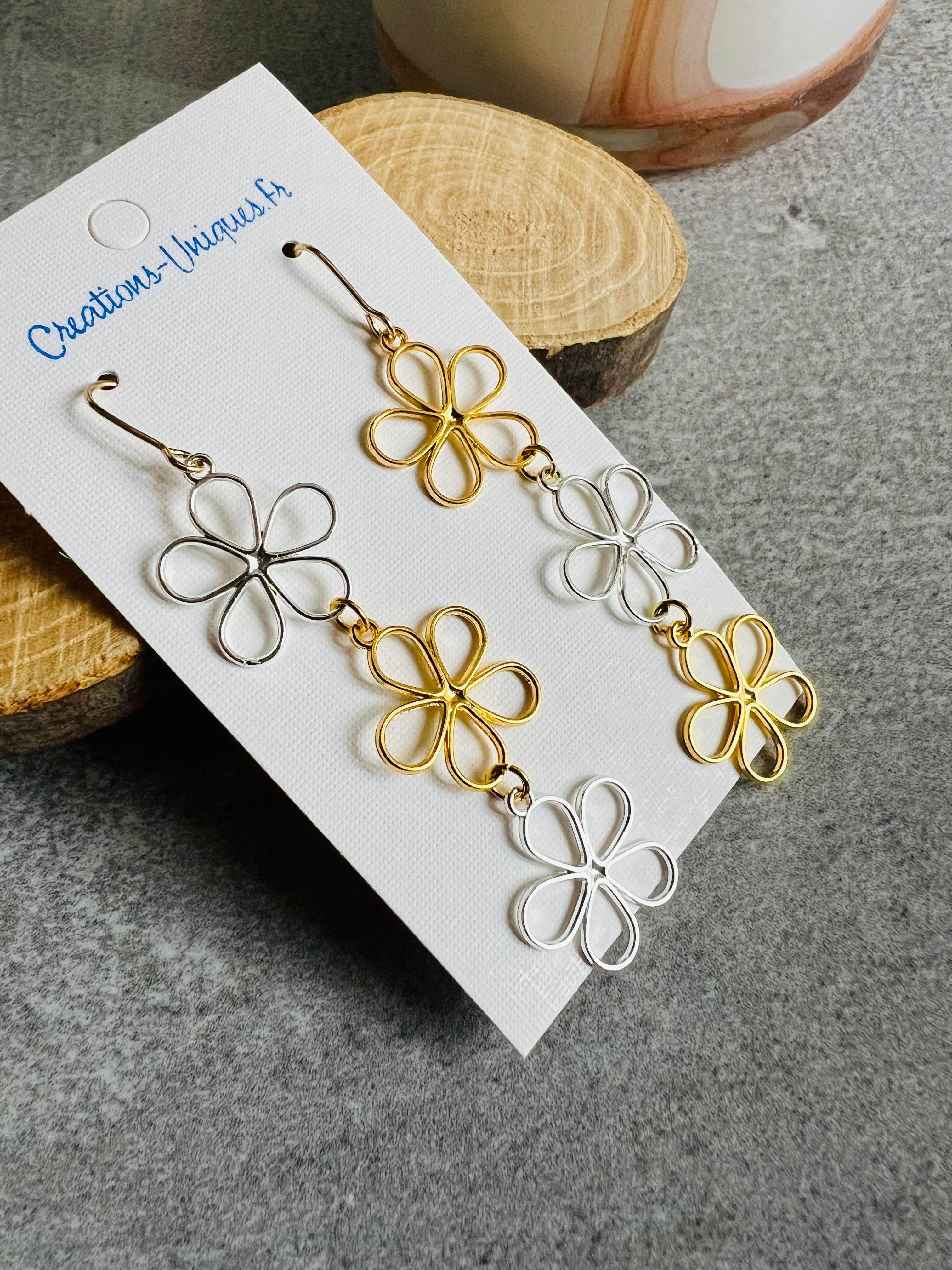 Boucles d’oreilles LAURA fleurs argentées et dorées, asymétriques - Créations Uniques - Créations Uniques