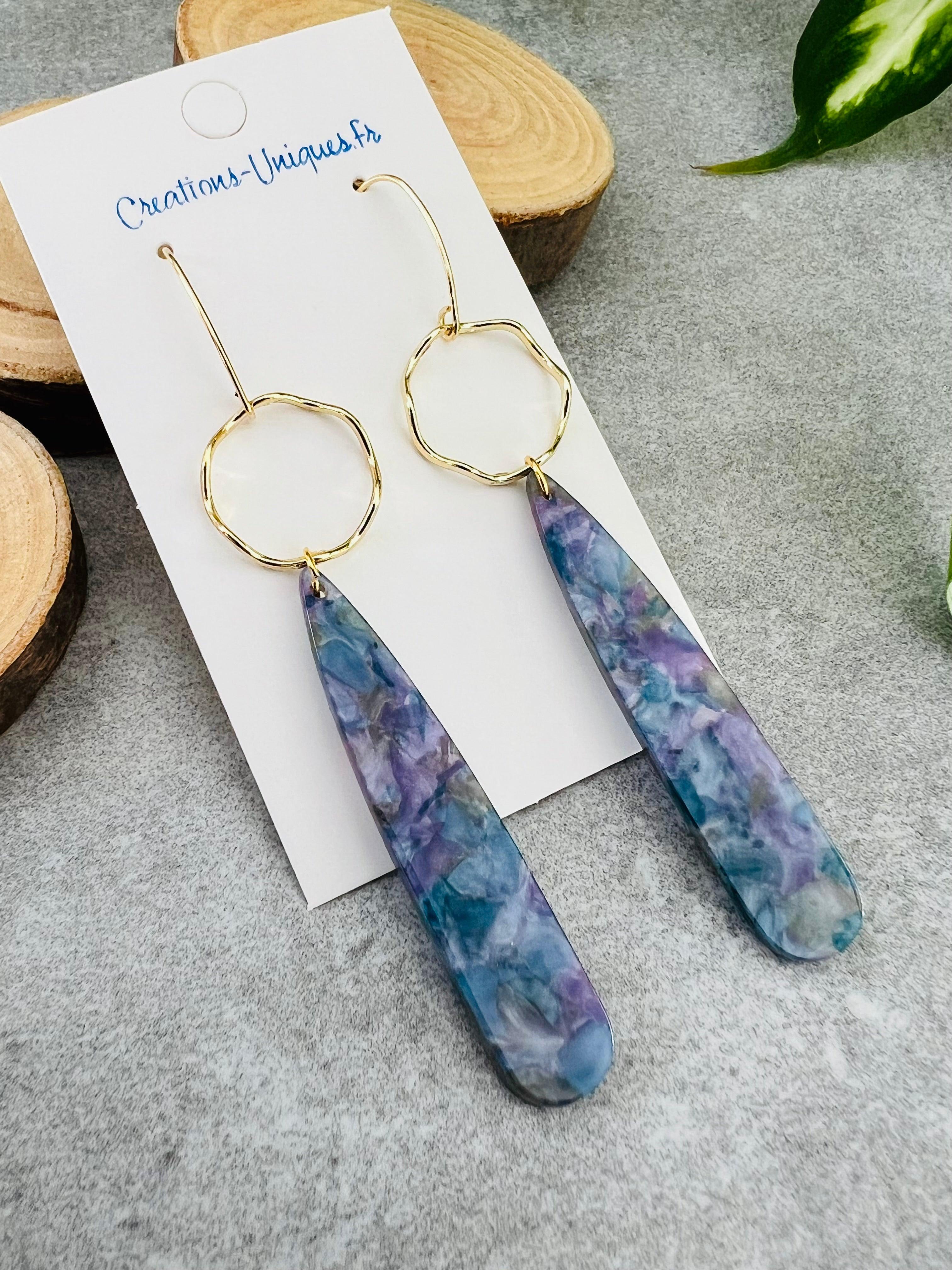 Boucles d’oreilles NATALEE longues gouttes résine bleu reflets violet - Créations Uniques - Créations Uniques