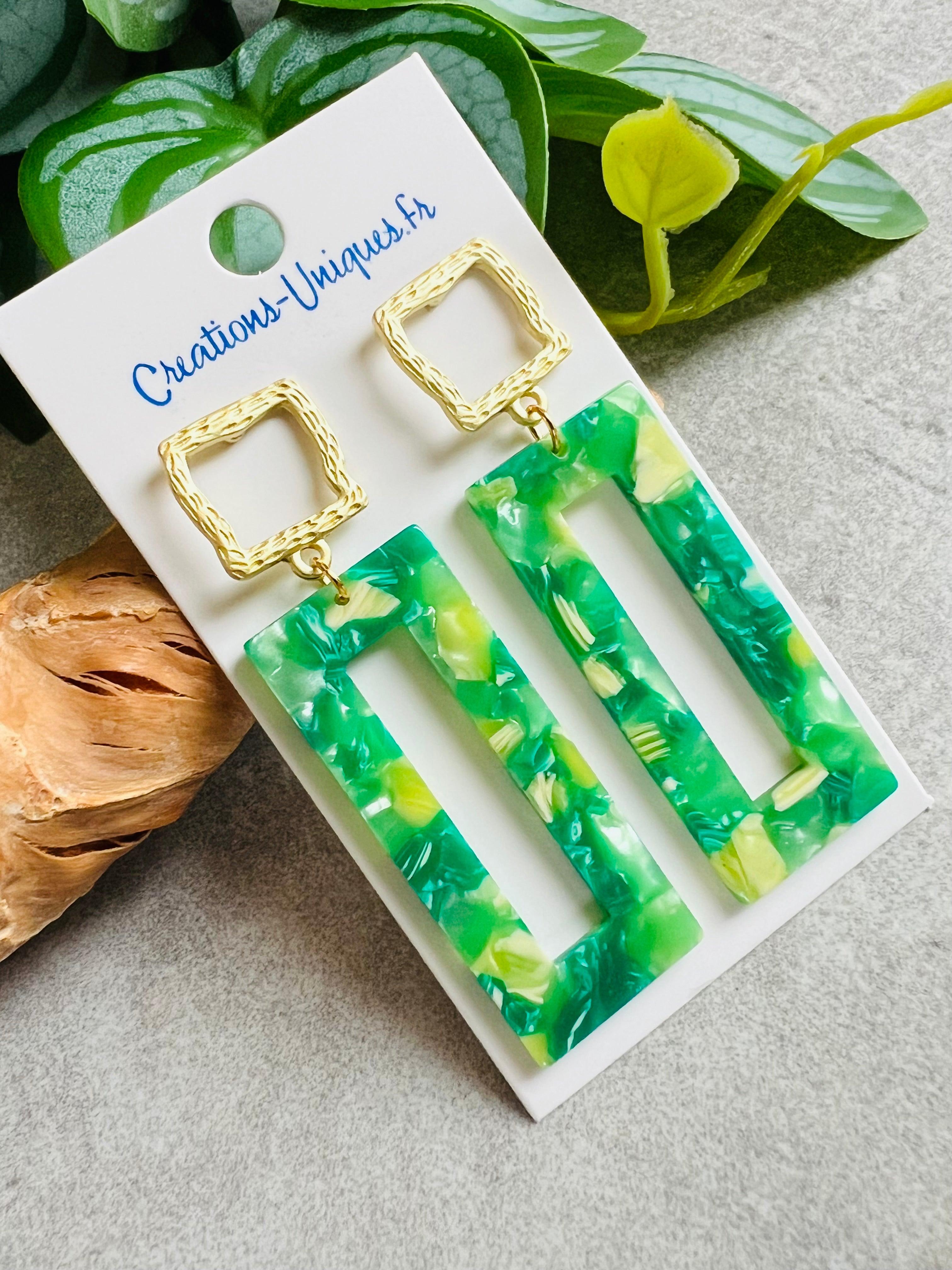 Boucles d’oreilles NOLWENN rectangles verts résine - Créations Uniques
