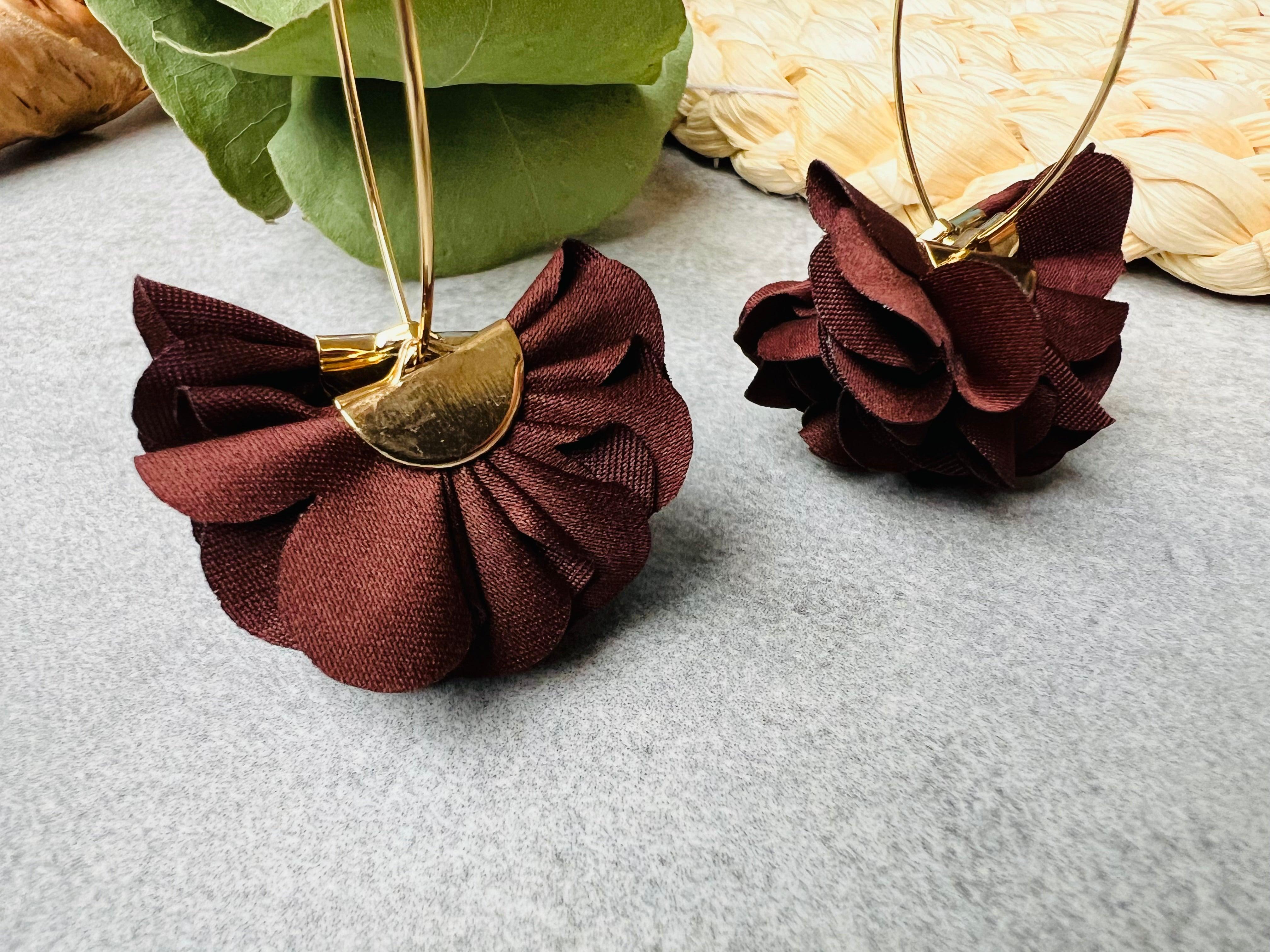 Boucles d’oreilles PATY pampilles tissu marron chocolat - Créations Uniques - Créations Uniques