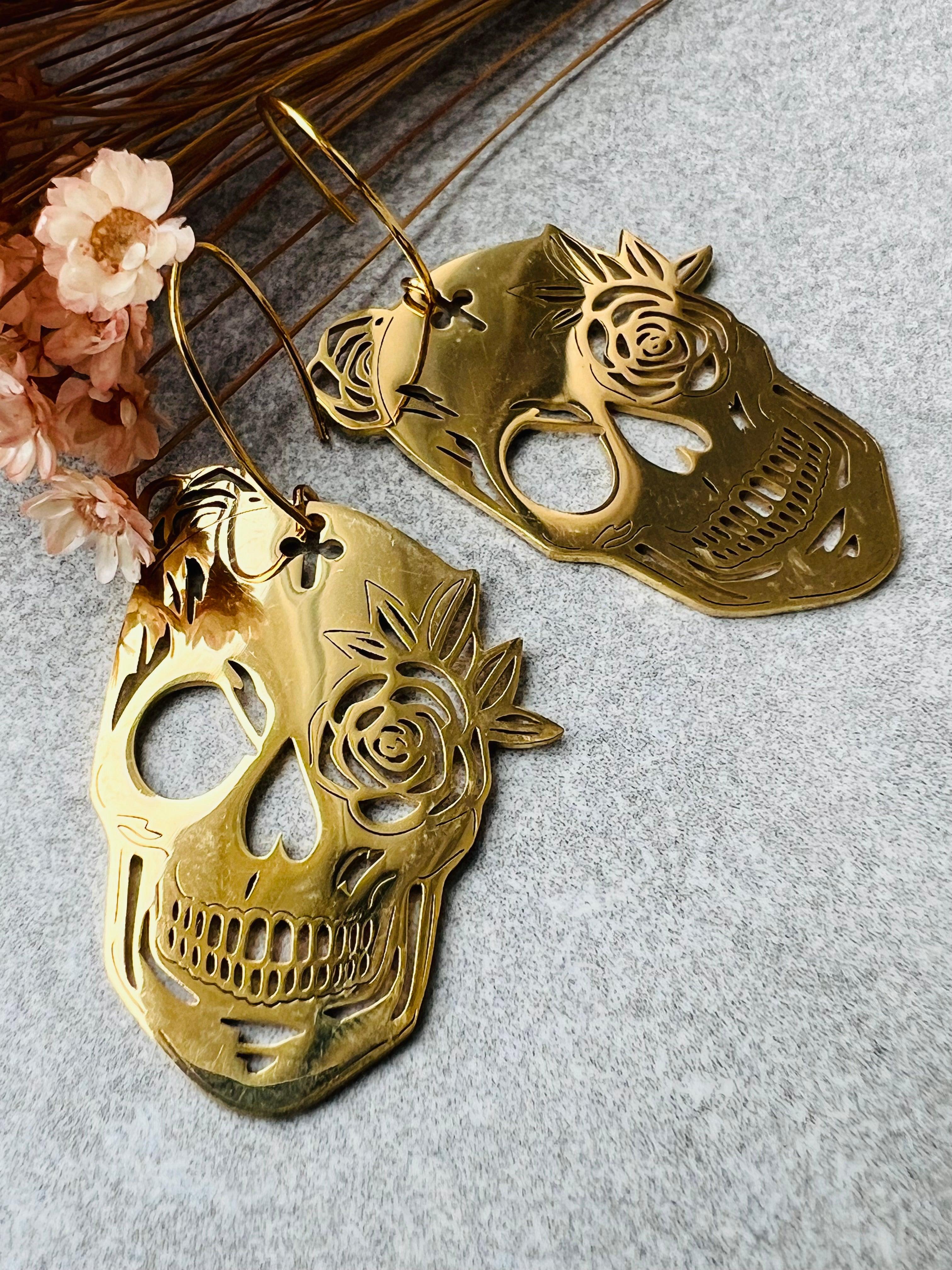 Boucles d’oreilles INGRID tête de mort mexicaine dorée - Créations Uniques - Créations Uniques