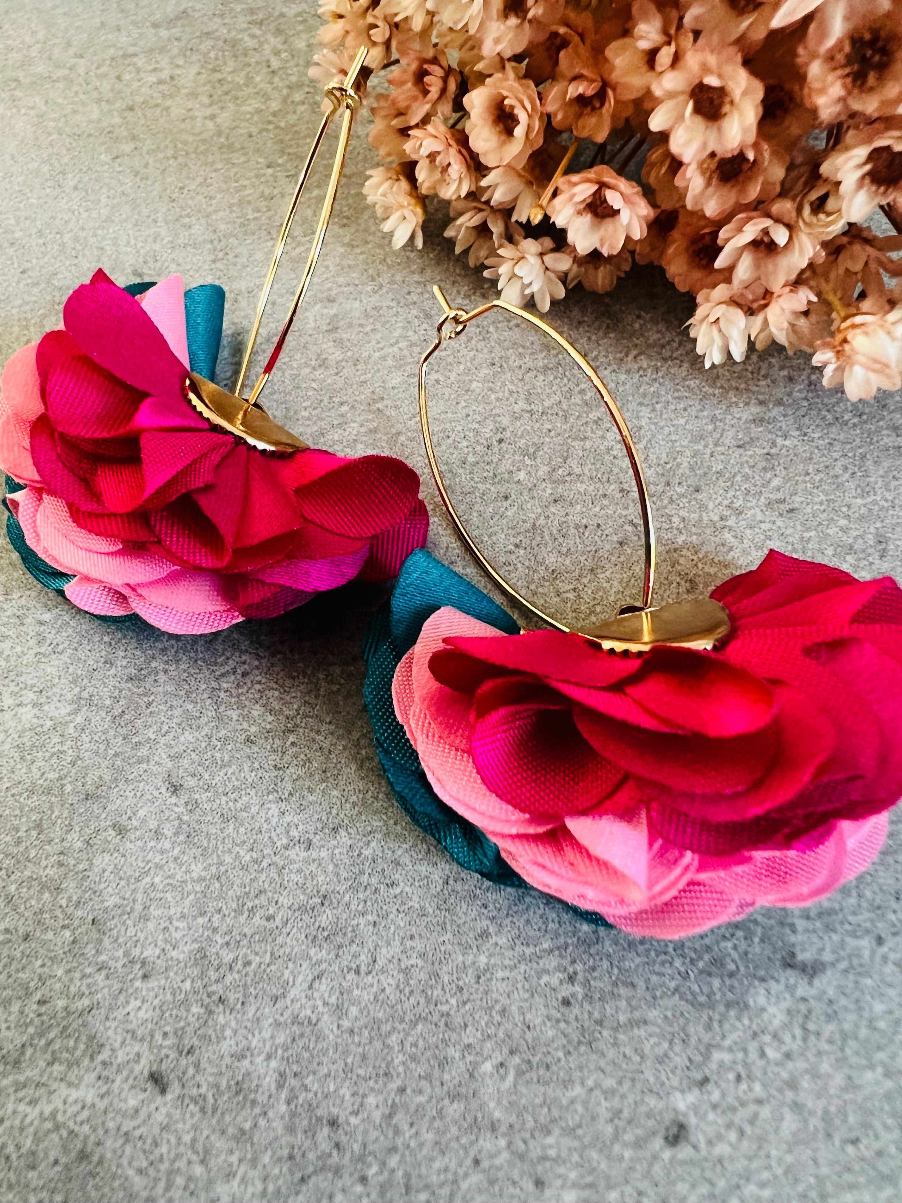 Boucles d’oreilles ZOE pampilles tissu tricolores - Créations Uniques - Créations Uniques