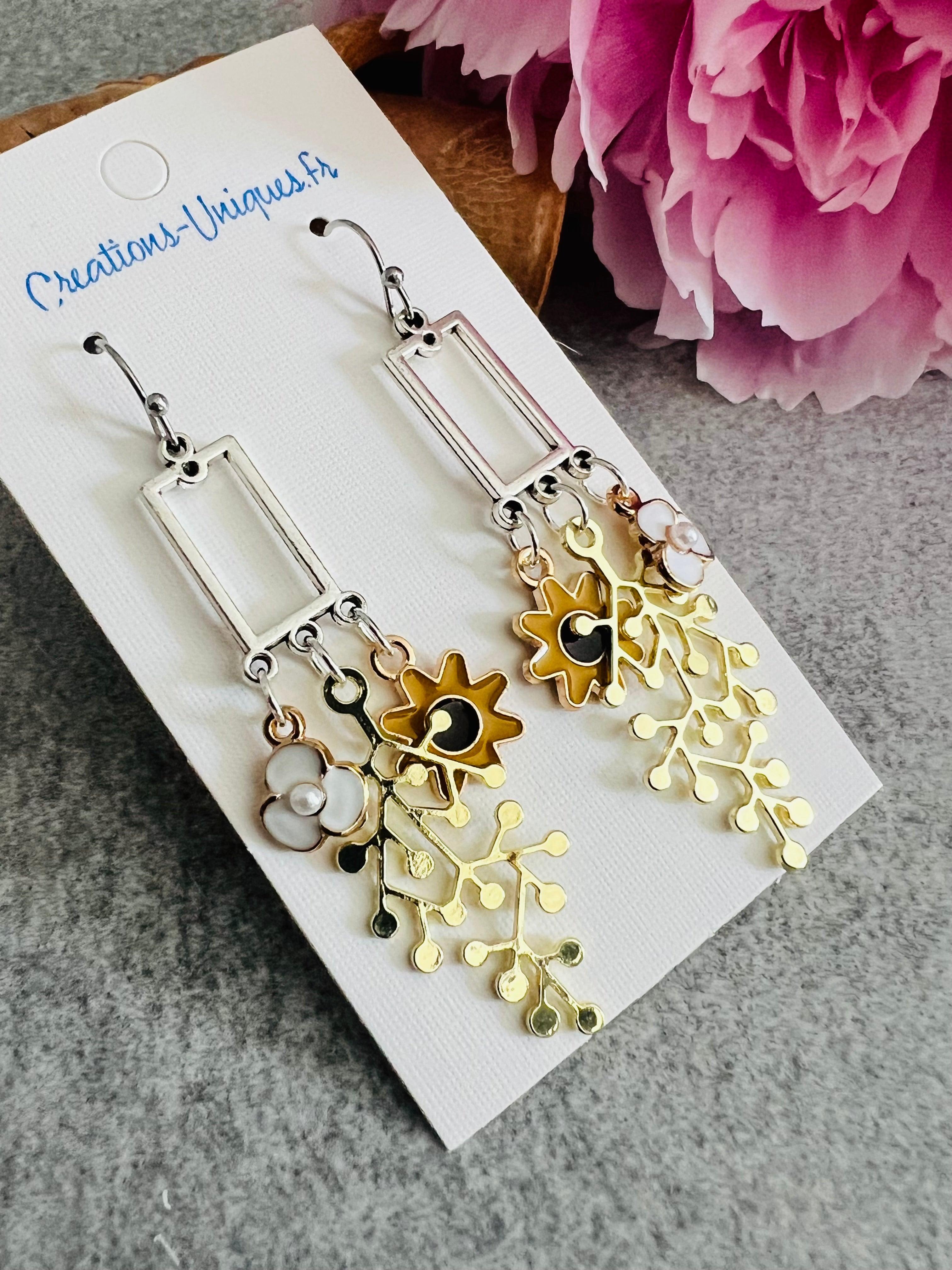 Boucles d’oreilles AURIANA feuillage doré et fleurs - Créations Uniques - Créations Uniques
