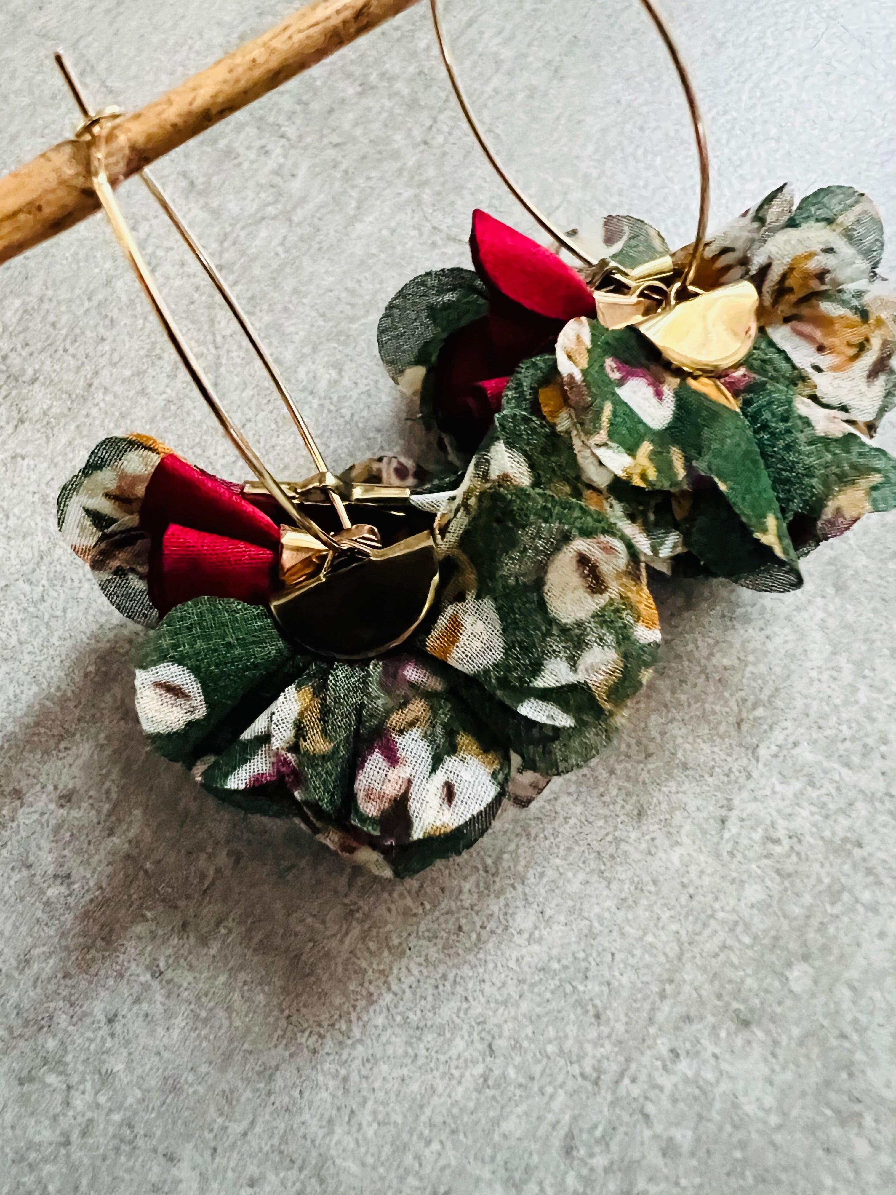 Boucles d’oreilles anneaux ovales MARIELENA pampilles tissu imprimé fleuri - Créations Uniques - Créations Uniques