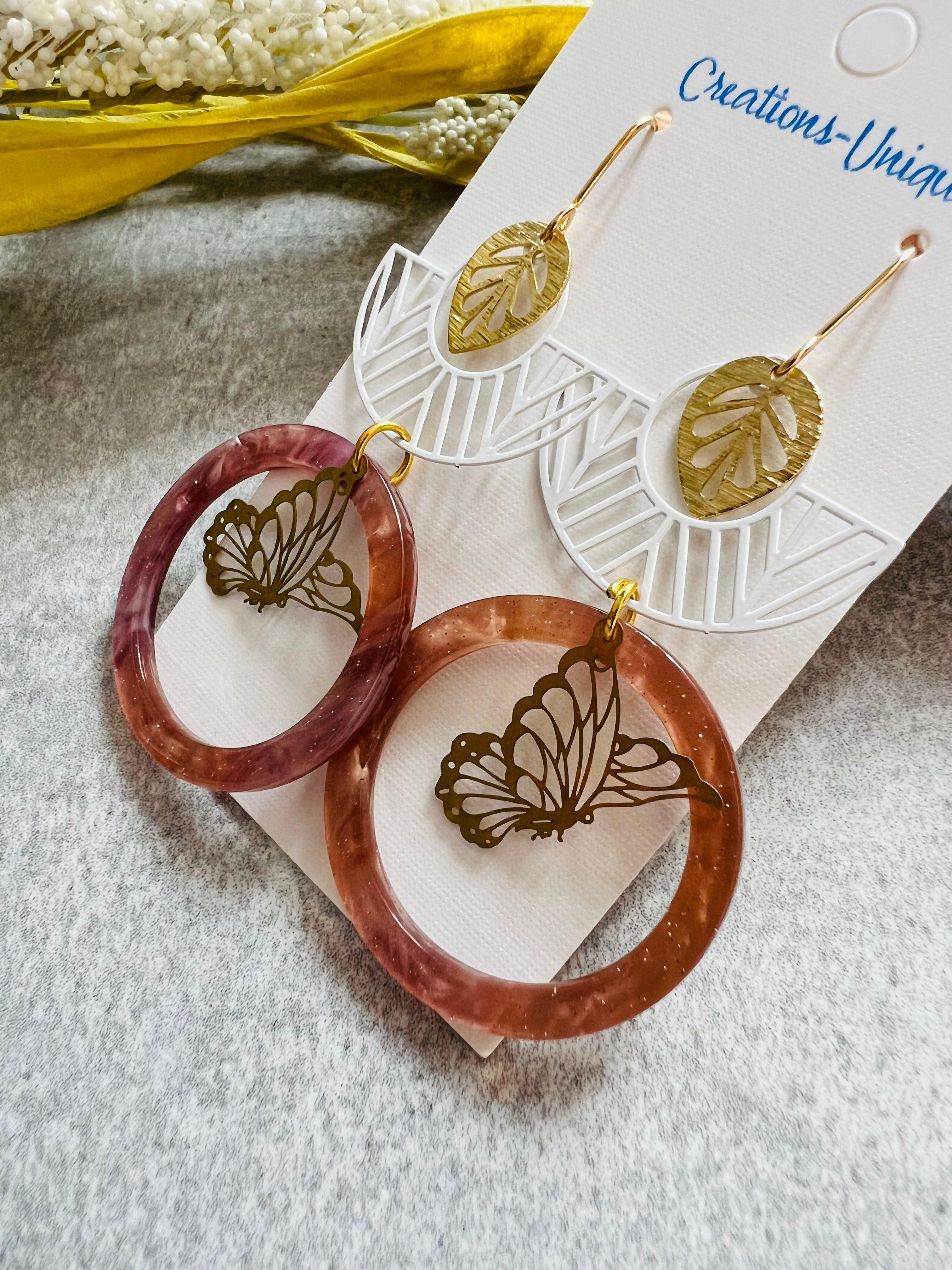 Boucles d’oreilles ELOANE papillon dorés et résine - Créations Uniques - Créations Uniques