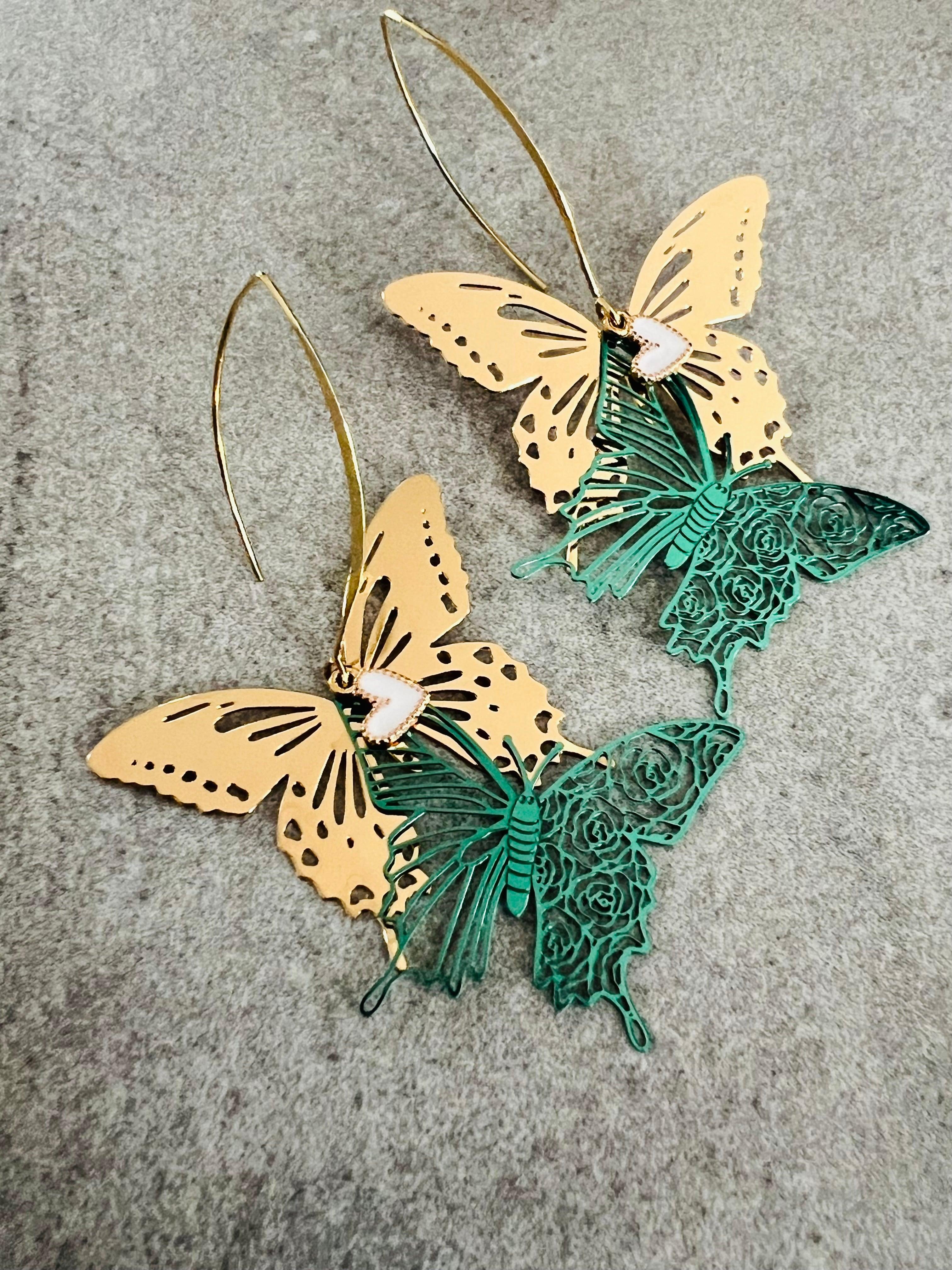 Boucles d’oreilles MIRABEL papillons verts et dorés - Créations Uniques - Créations Uniques