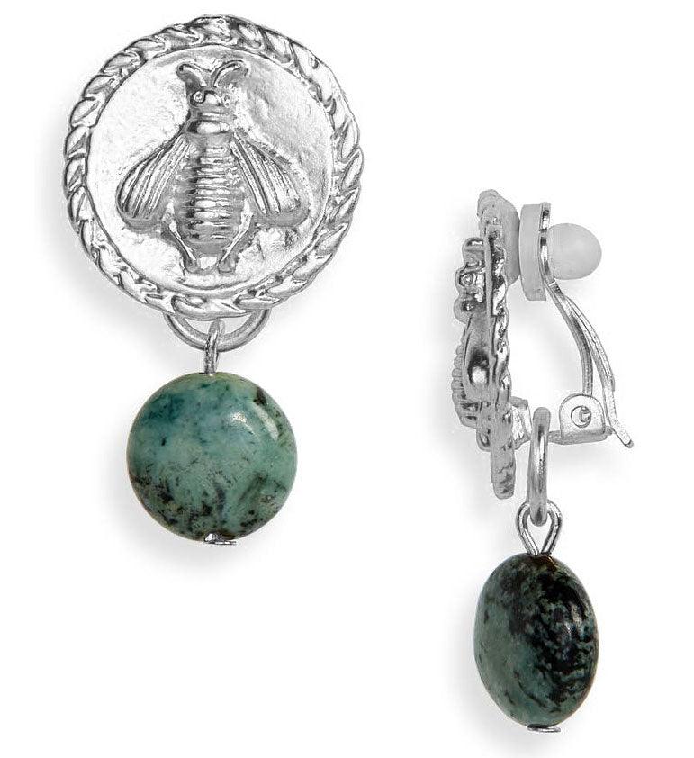 E71647 Boucles d'oreilles clips abeille jaspe africaine - Karine Sultan - Créations Uniques