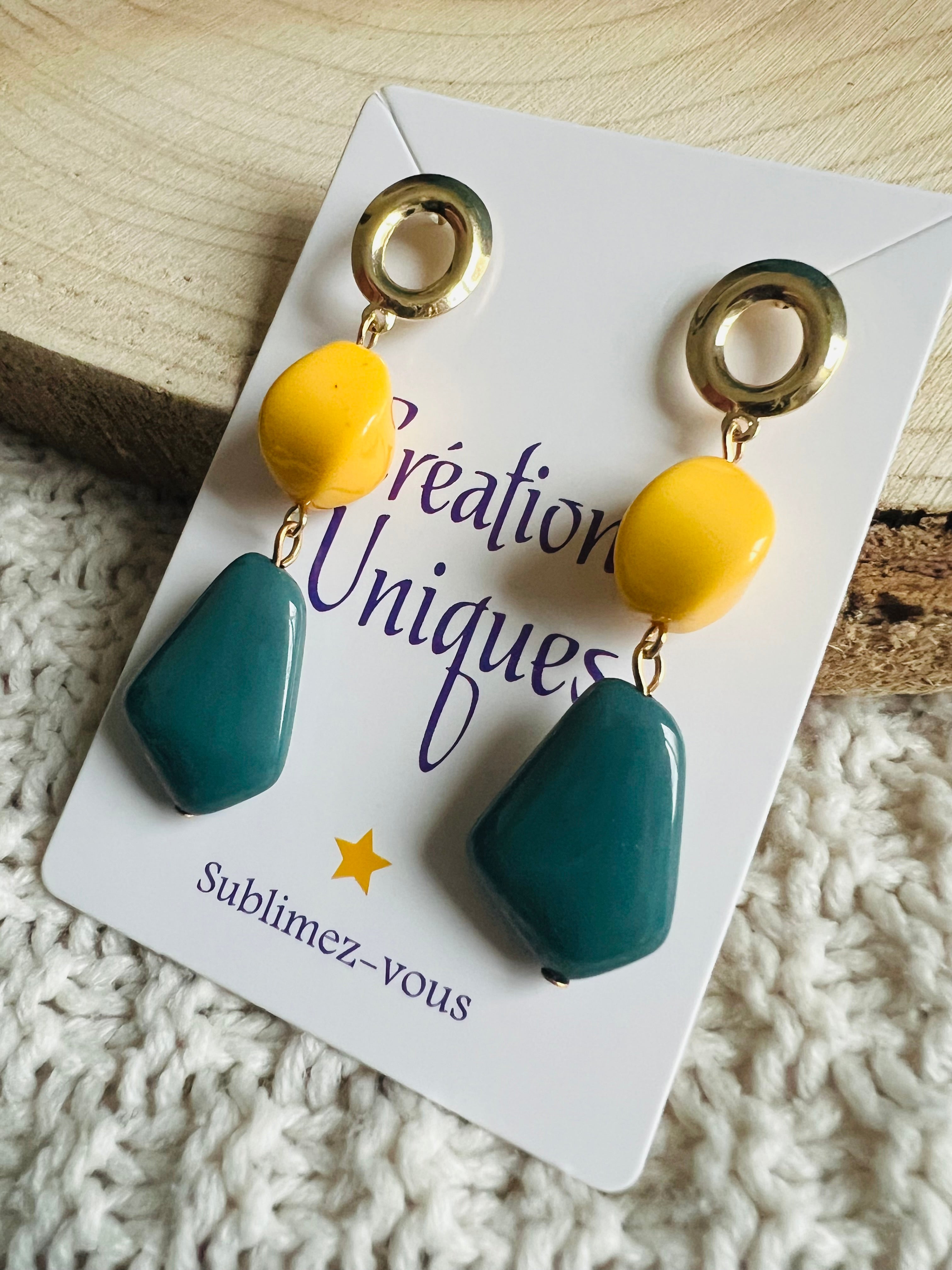 Boucles d’oreilles SOIZIC perles bleues et jaunes - Créations Uniques