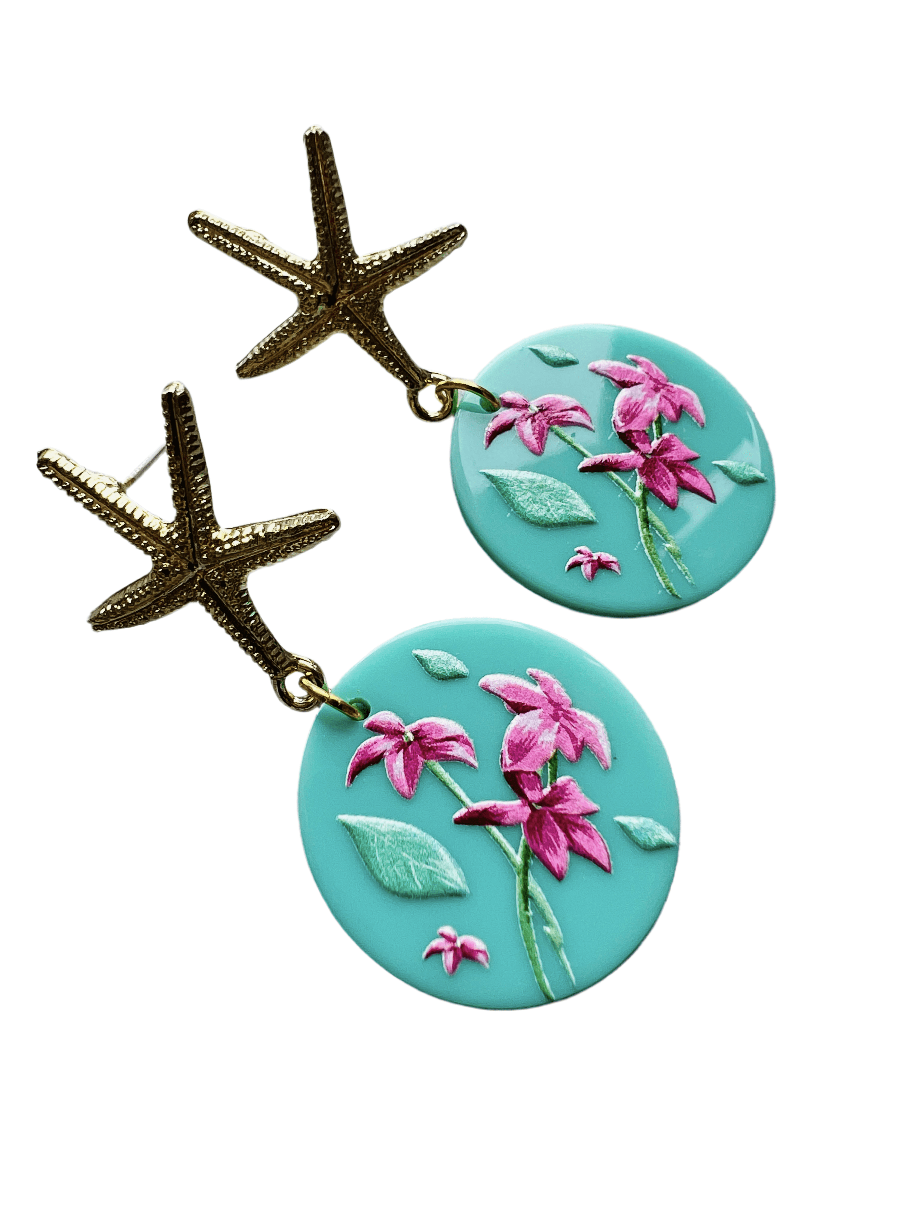 Boucles d’oreilles JIN résine turquoise motif fleuri et clous étoiles de mer - Créations Uniques - Créations Uniques