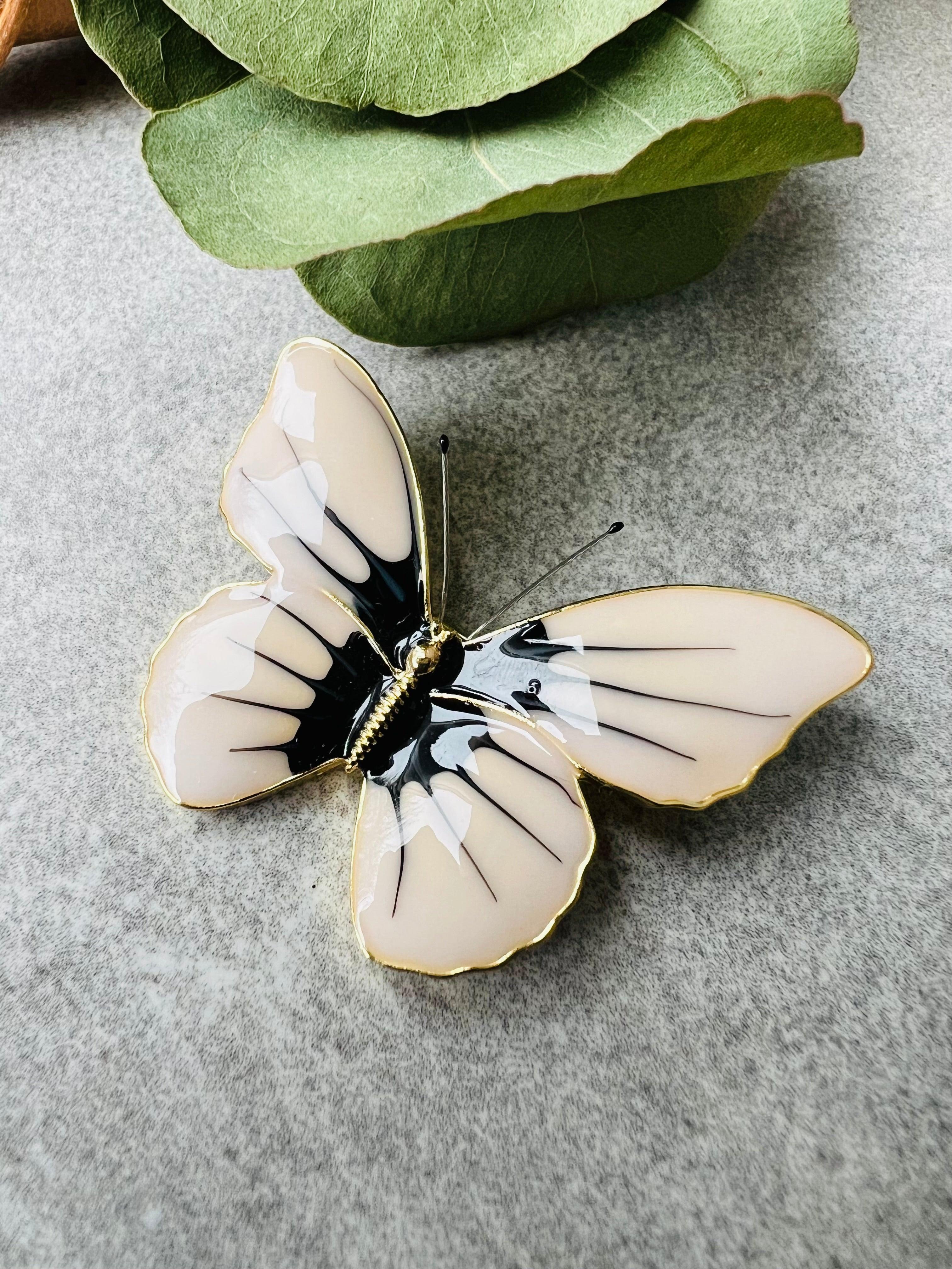 Broche ALICIA papillon beige et noir - Créations Uniques