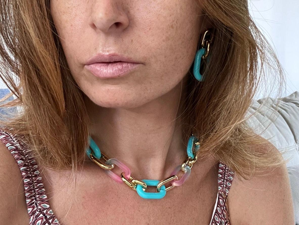 Parure BARBARA maillons bleus et dorés. Collier, bracelet et boucles assorties. - Créations Uniques