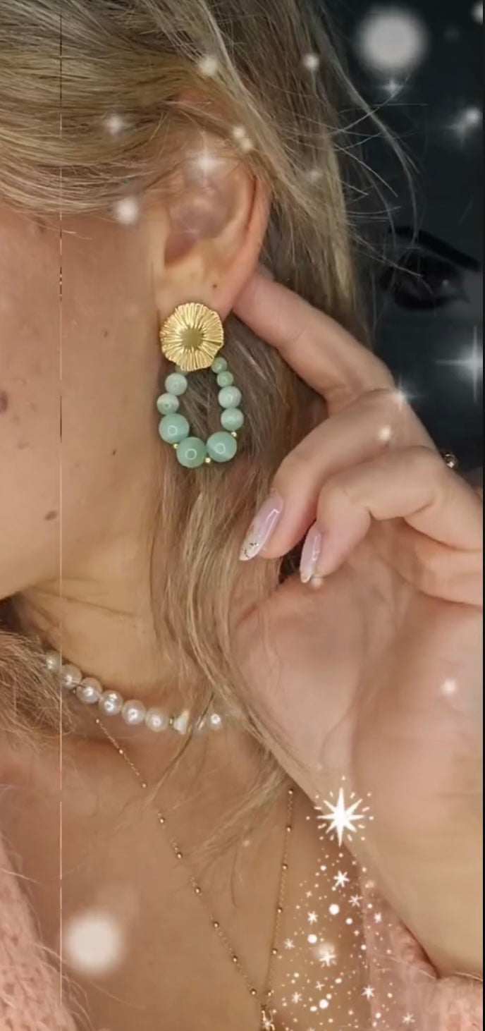 Boucles d’oreilles CANDY gouttes perles vert d’eau clous dorés - Créations Uniques