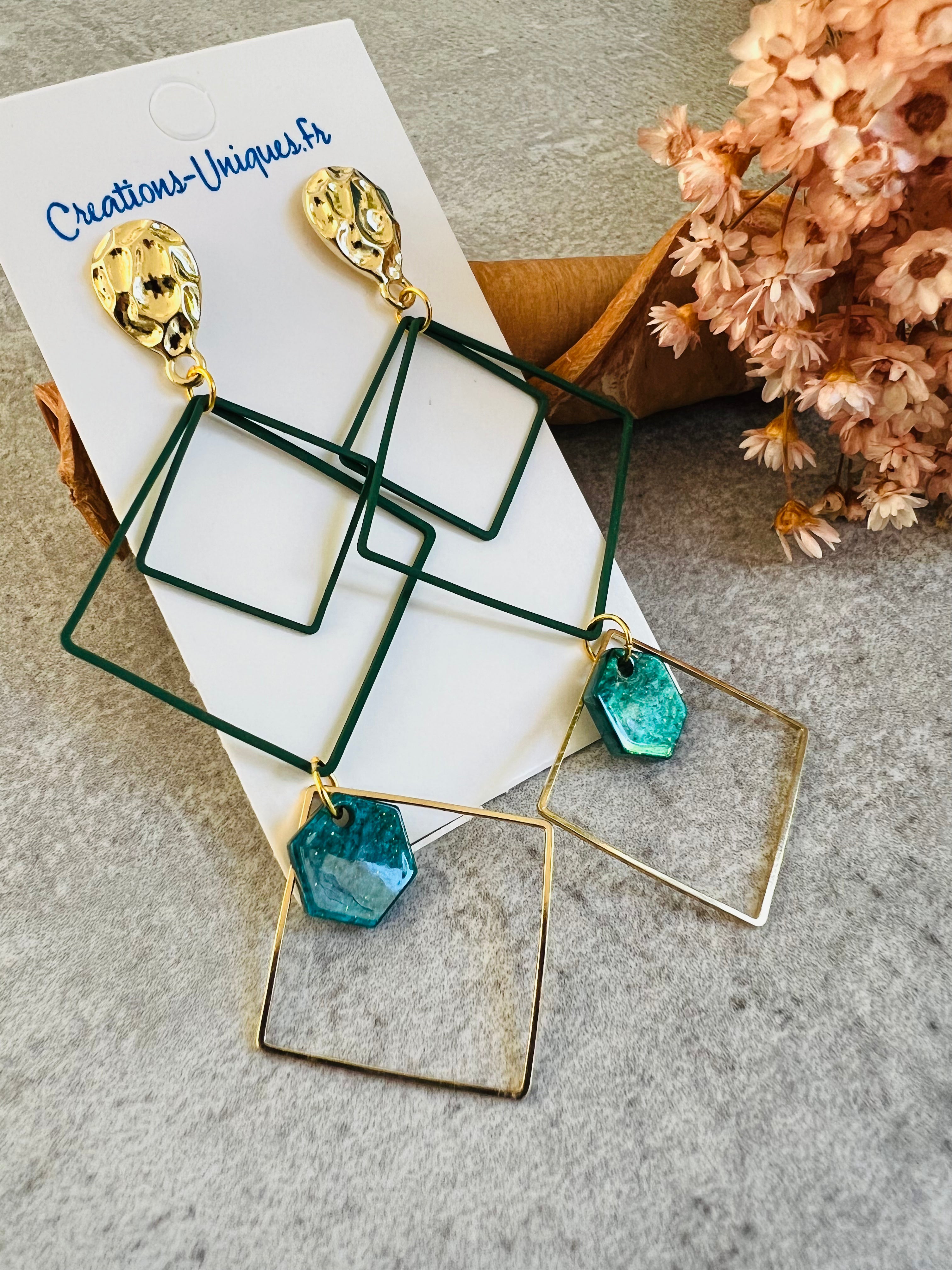 Boucles d’oreilles STELLA losanges verts et dorés - Créations Uniques - Créations Uniques