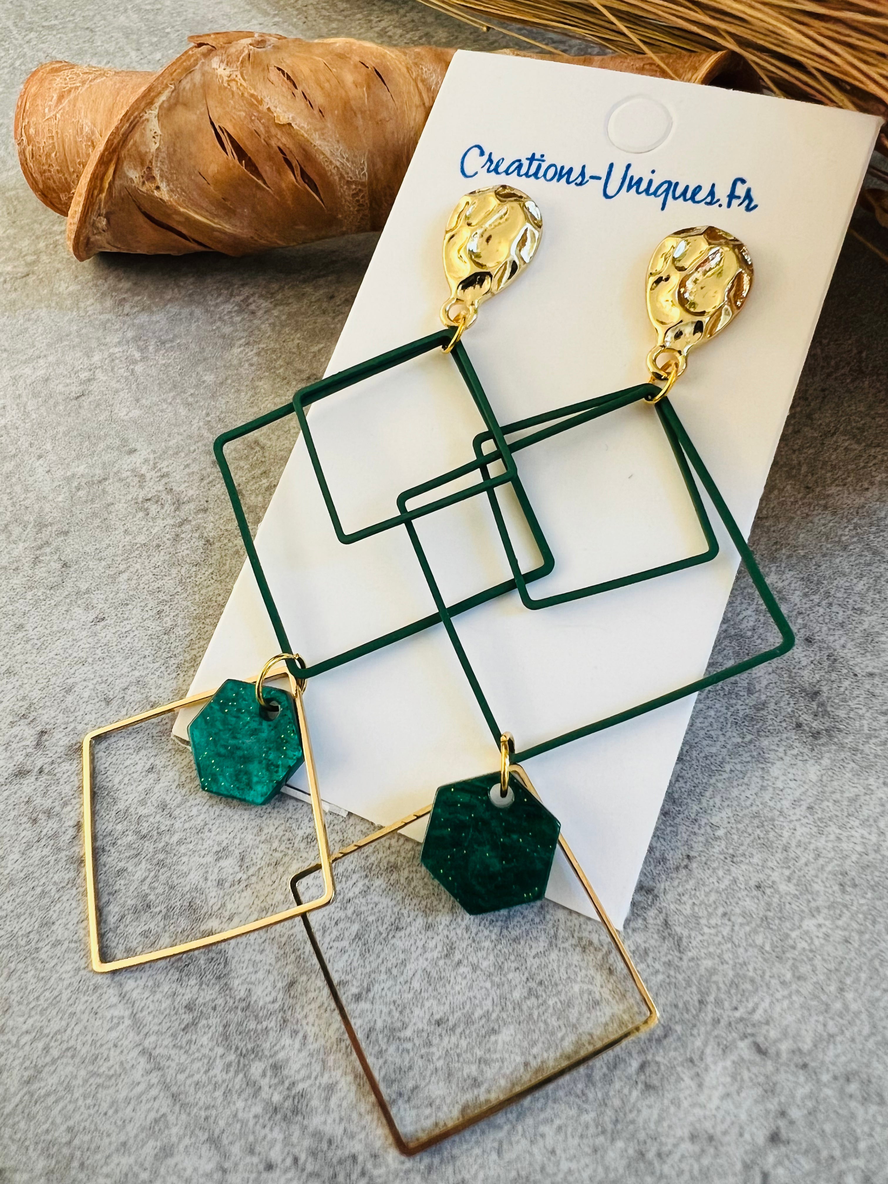 Boucles d’oreilles STELLA losanges verts et dorés - Créations Uniques - Créations Uniques