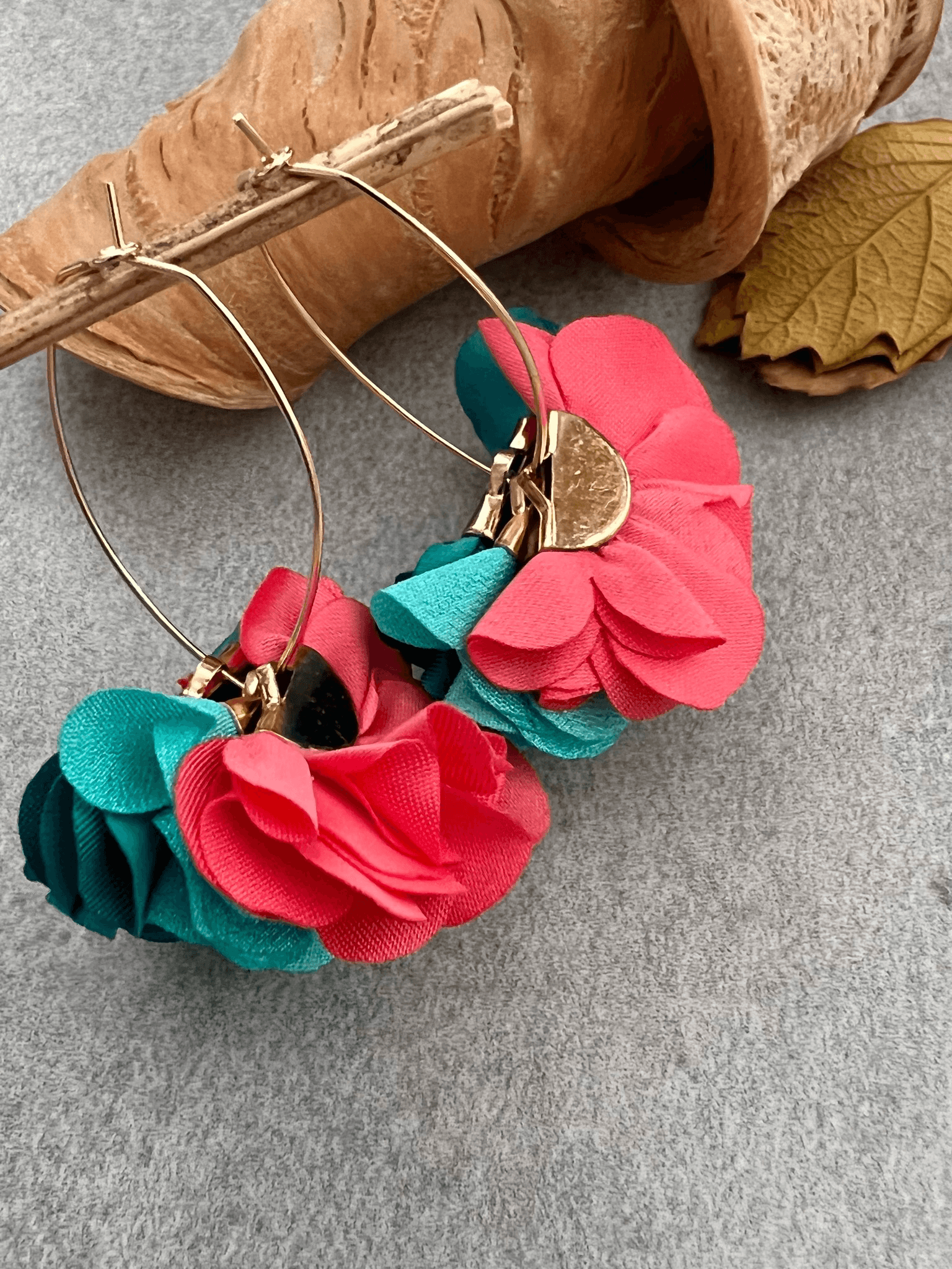 Boucles d’oreilles anneaux ovales FLORENTINE pampilles tissu tricolores - Créations Uniques - Créations Uniques