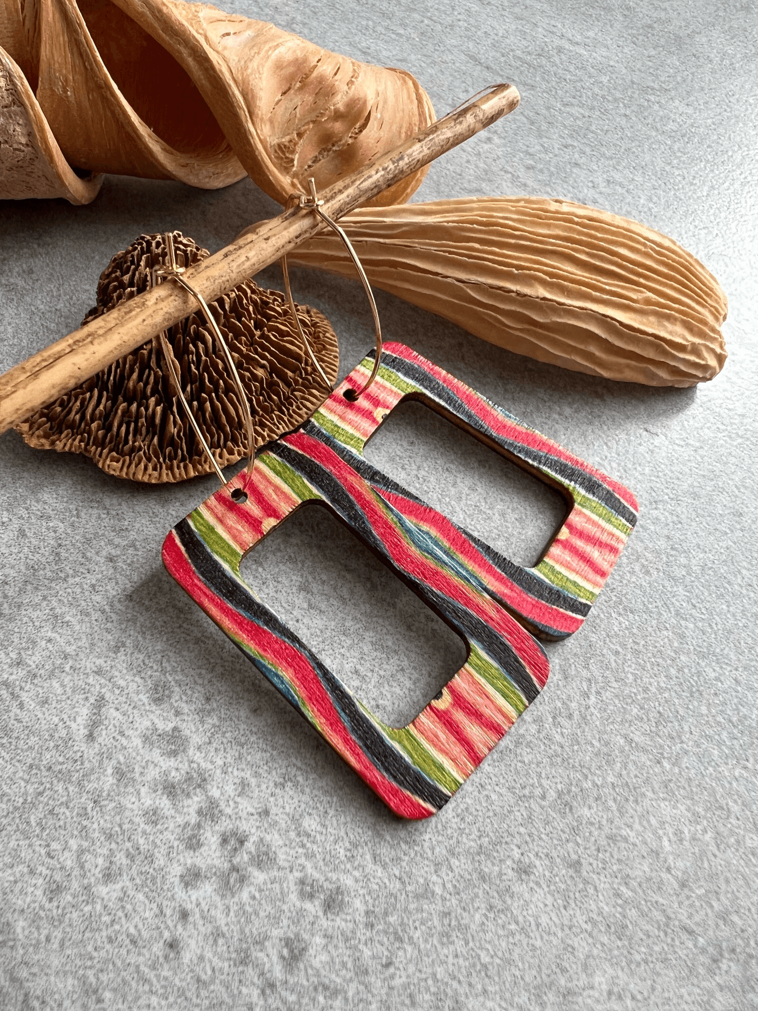 Boucles d’oreilles HARRIET rectangles bois bohème - Créations Uniques