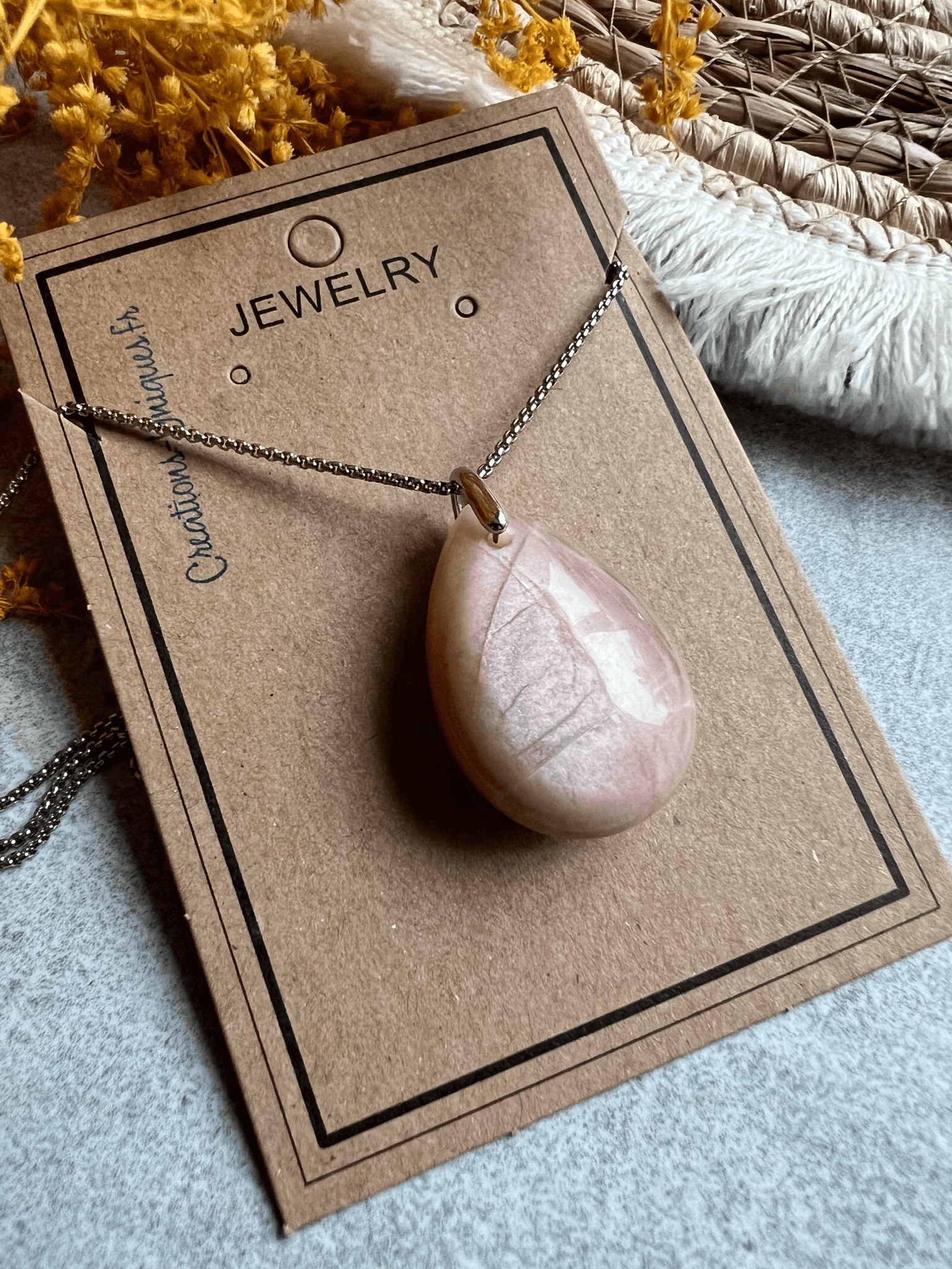 Collier PIERRE DE SOLEIL pendentif goutte rose - Créations Uniques