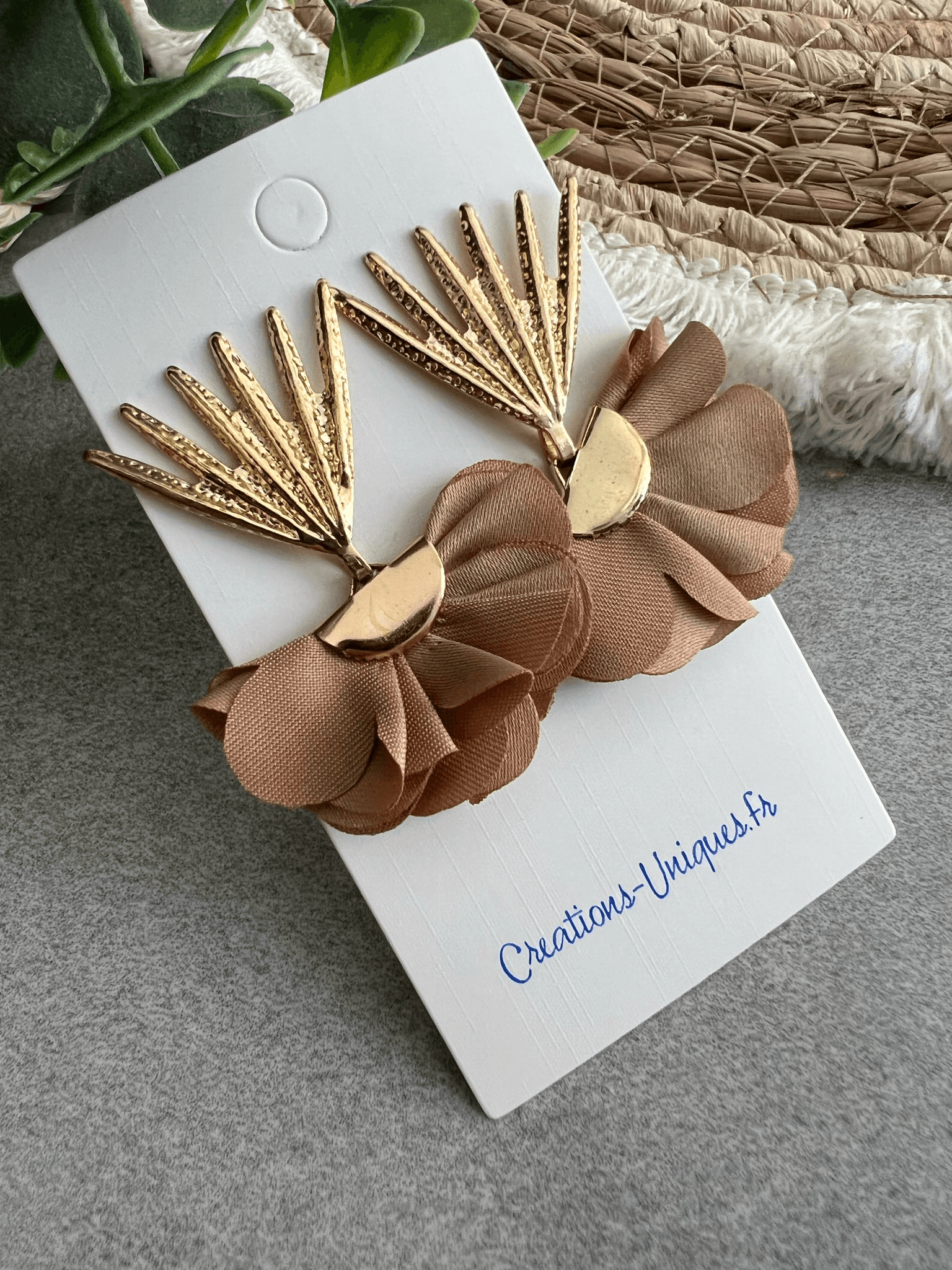 Boucles d’oreilles JACQUELINE pampilles tissu marron - Créations Uniques - Créations Uniques