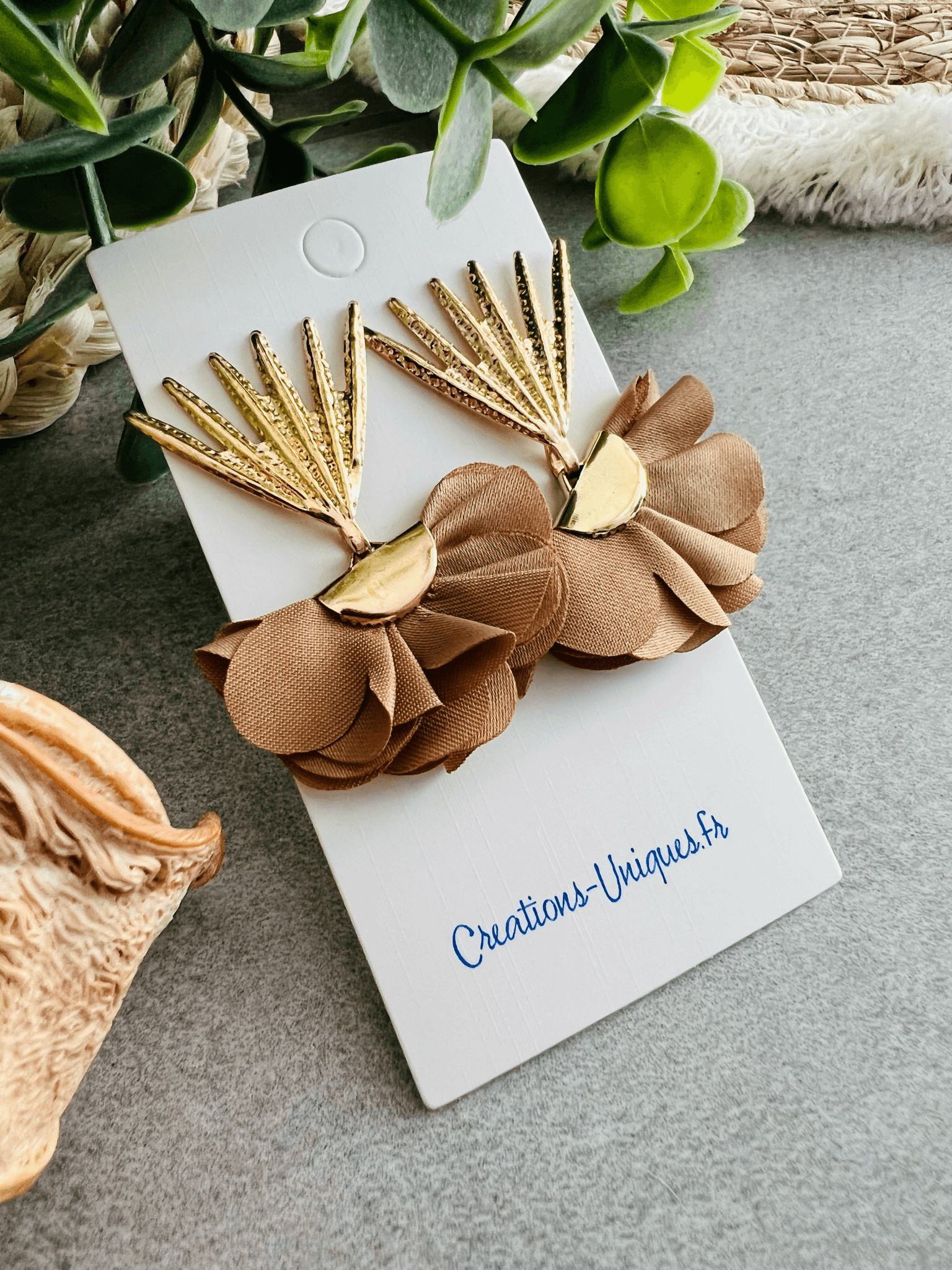 Boucles d’oreilles JACQUELINE pampilles tissu marron - Créations Uniques - Créations Uniques