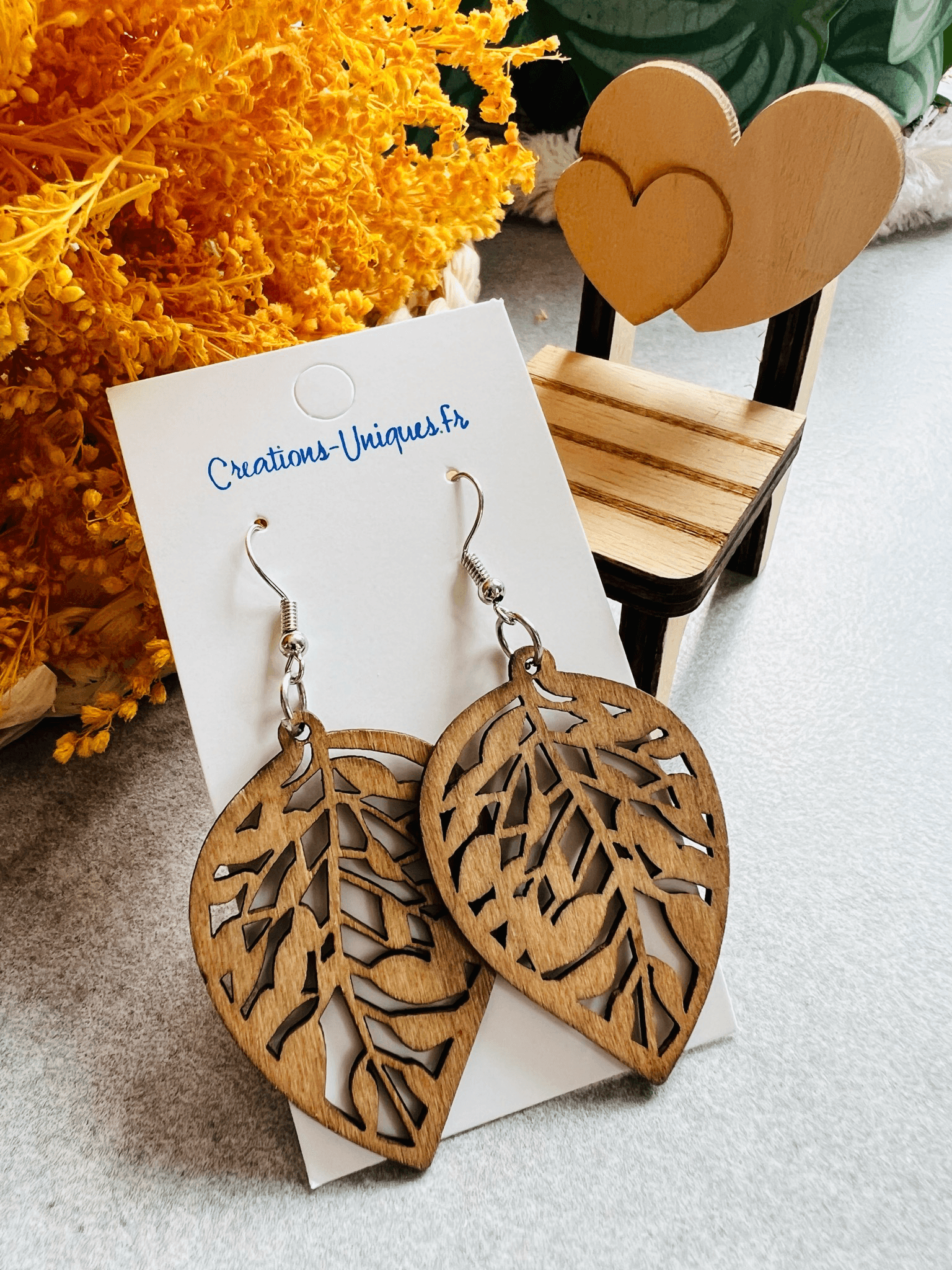 Boucles d’oreilles EMELINE feuilles bois marron - Créations Uniques
