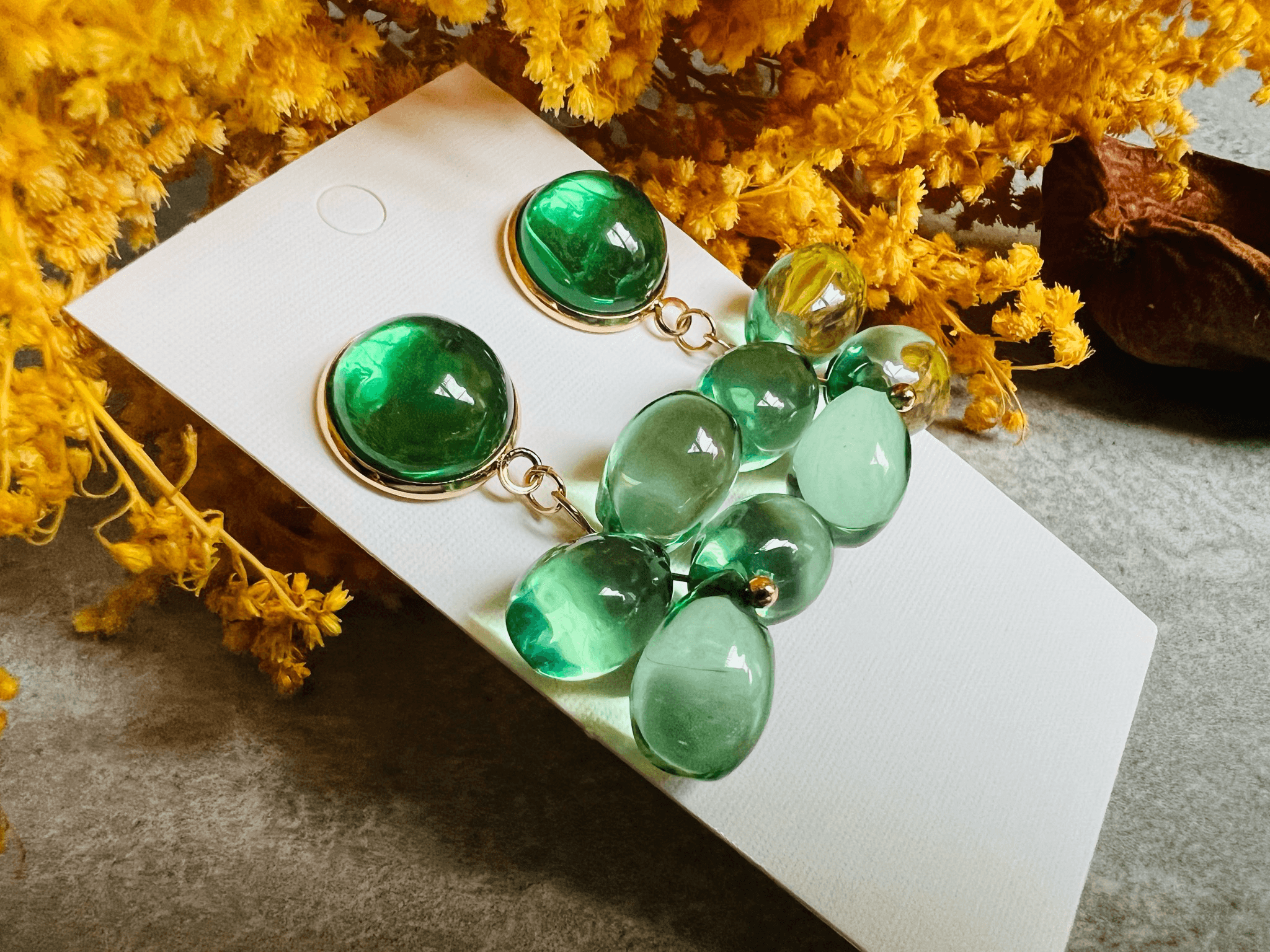 Boucles d’oreilles ROSA gouttes vertes transparentes superposées - Créations Uniques