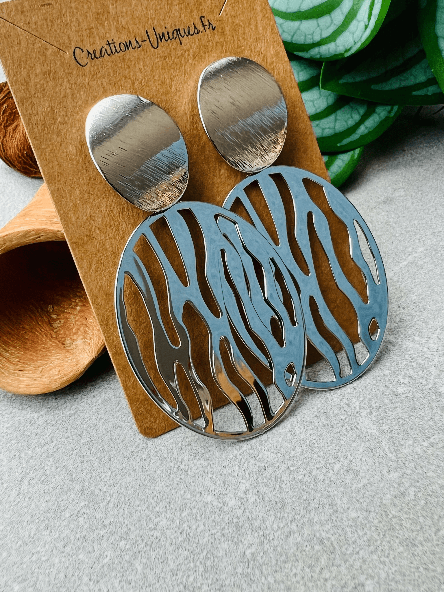 Boucles d’oreilles MARILOU 2 ovale zébré argenté - Créations Uniques